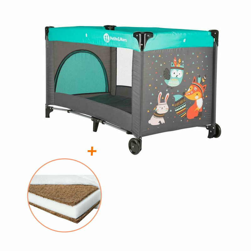 Petite&mars - patut pliant cu un nivel, 120x60 cm, en 716-1:207+ac:2019, en 716-2:2017, en 71-3:2019, vulpita turquoise + babyneeds - saltea cocos 120x60x10 cm