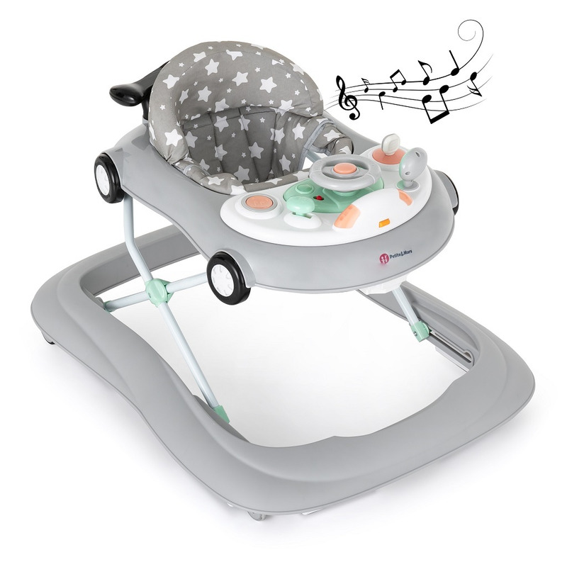 Petite&mars - premergator muzical cu panou interactiv si lumini cabrio, inaltime reglabila pe 3 pozitii, 6 luni+, gri