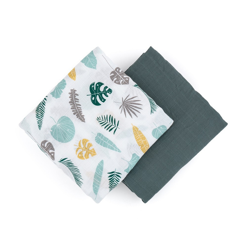 Petite&mars - set 2 scutece din muselina de bambus misty green leaves, hipoalergenice, dimensiuni mari 120 x 120 cm, certificate oeko tex standard 100, multicolor