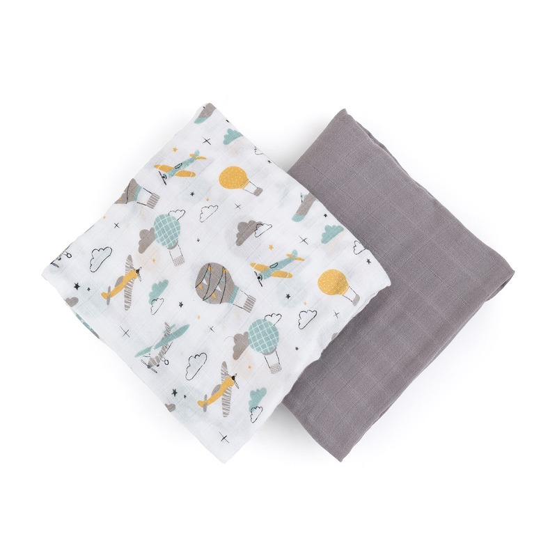 Petite&Mars - Set 2 scutece din muselina de bambus Misty Grey Planes, Hipoalergenice, Dimensiuni mari 120 x 120 cm, Certificate Oeko Tex Standard 100, Multicolor