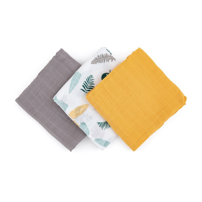 Petite&mars - set 3 scutece din muselina de bambus moussy ochre leaves, hipoalergenice, 68 x 68 cm, certificate oeko tex standard 100, multicolor