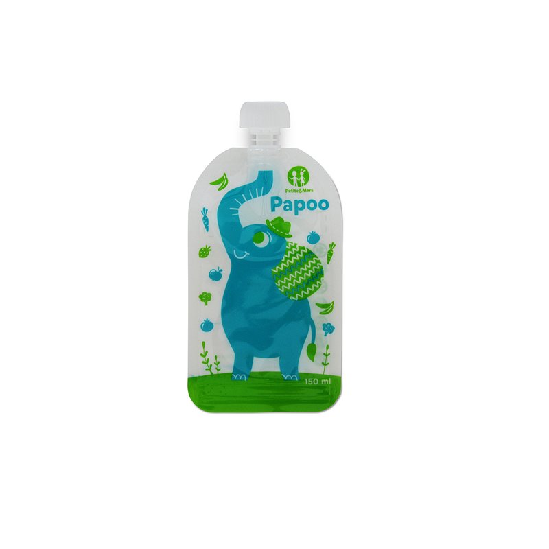 Petite&mars - set 6 pungi reutilizabile pentru hranire cu elefantei, inchidere ermetica, 20x10 cm, 150 ml, papoo albastru