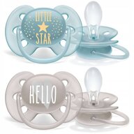 Suzete set, Philips Avent Little Star/Hello,  Ultra Soft,  6-18 luni, Ortodontice, Fara BPA Din silicon, Albastru/Gri