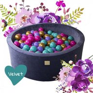 MeowBaby® - Piscina cu bile Flower Catifea,  7 cm, Cu 250 bile, Auriu  roz inchis  violet si turcoaz, 90x30 cm, Albastru