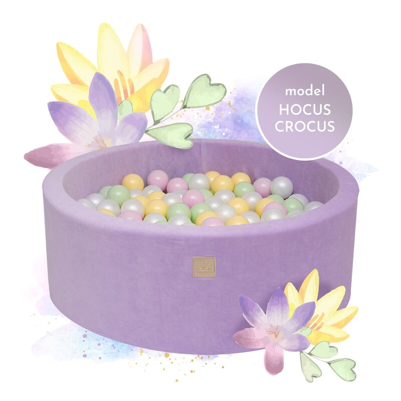 Meowbaby® - piscina uscata cu 250 de bile (pastel roz si galben, verde deschis, alb perlat) meowbaby , hocus crocus, 90x30 cm, catifea lila