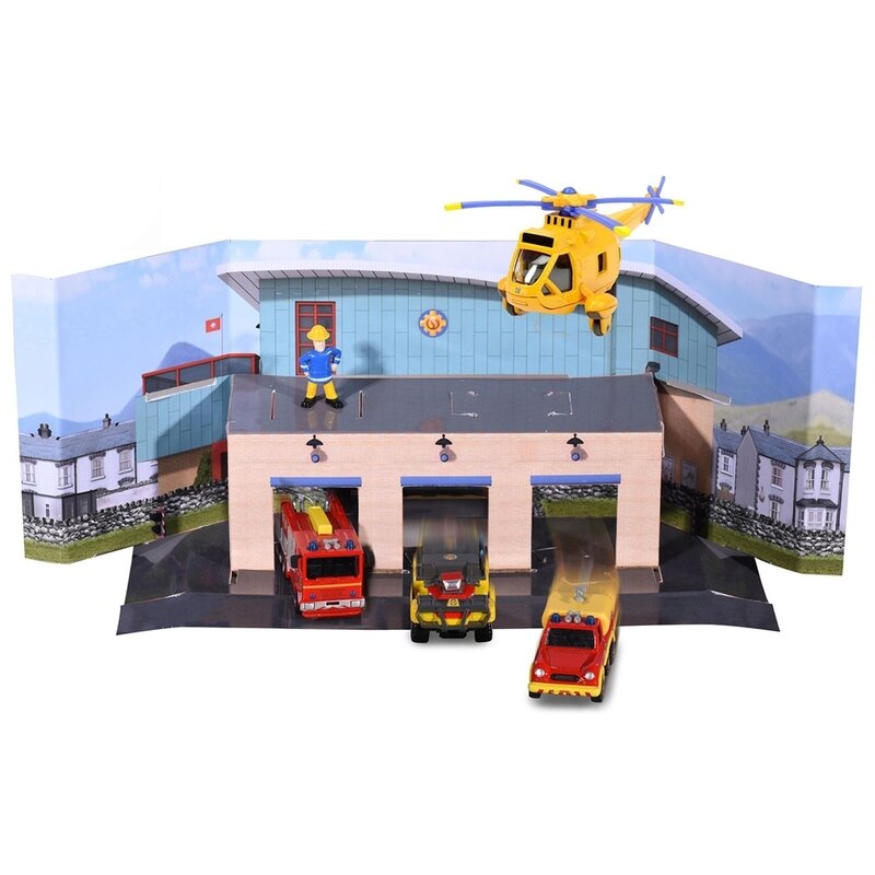 Dickie Toys - Pista de masini Fireman Sam, Sam Fire Rescue Team cu 3 masinute, 1 elicopter si 1 figurina