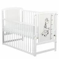 Patut din lemn bebe, 120x60 cm, Cu laterala culisanta, Din lemn de pin si mdf, Stabil si rezistent, Inaltime saltea reglabila pe 3 nivele, Laterala cu 3 bete detasabile, EN716-1, EN716-2, Alb, Babyneeds, Timmi Girafa