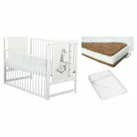 Set Patut din lemn bebe Babyneeds, Timmi Girafa cu laterala culisanta, 120x60 cm, Alb + Saltea patut bebe, Cocos Confort II, Cu fibre de cocos si strat de burete, 120x60x10 cm + Protectie impermeabila, Pentru patuturi 120x60 cm, Alb