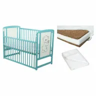 Set Patut din lemn bebe Babyneeds, Timmi Mint cu laterala culisanta, 120x60 cm + Saltea patut bebe, Cocos Confort II, Cu fibre de cocos si strat de burete, 120x60x10 cm + Protectie impermeabila, Pentru patuturi 120x60 cm, Alb