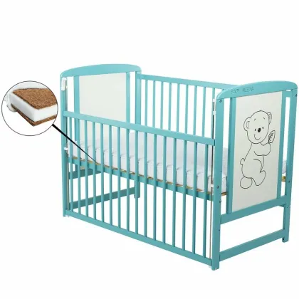 Patut din lemn bebe, 120x60 cm, Cu laterala culisanta, Din lemn de pin si mdf, Stabil si rezistent, Inaltime saltea reglabila pe 3 nivele, Laterala cu 3 bete detasabile, EN716-1, EN716-2, Mint, Babyne