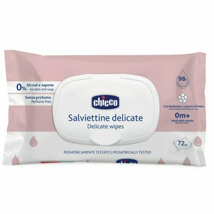 Servetele umede biodegradabile 72 buc, Chicco, 98% apa, Fara parfum, 0 luni+