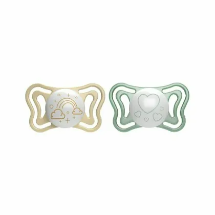 Set 2 suzete bebelusi, Chicco, Physio Light Glow, Ortodontice, Silicon moale, Extra ventilate, Fosforescente, Fara BPA, 2-6 luni, Galben/Verde