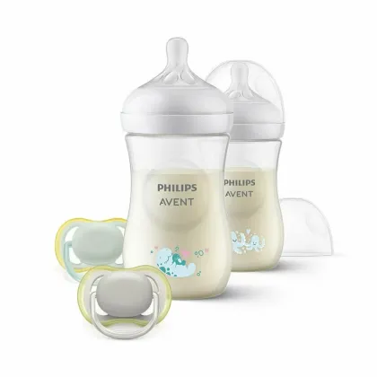 Set biberoane si suzete bebelusi, Philips Avent, Natural Response, 2x Biberoan 260 ml, Tetine cu debit mediu, 2x Suzeta Ultra Air 0–6 luni, Silicon, Fara BPA, Unisex