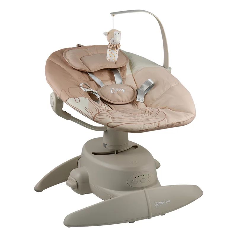 Balansoar electric, Bebe Stars, Cozy, Rotire 360 grade, Cu 5 trepte de viteza si melodii, Pana la 9 kg, Confom cu EN12790-1-2023, Mocha