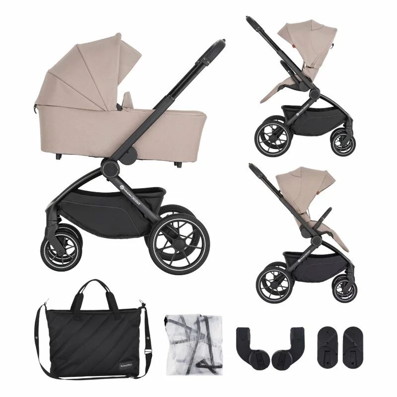 Carucior 2 in 1, Petite&Mars, Scout, Cu landou pliabil, Reversibil, Spatar si suport de picioare reglabile in 3 pozitii, Maner ajustabil, Cu accesorii, Pana la 22 kg, 0 luni+, Crem Cappuccino