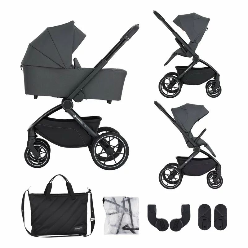 Carucior 2 in 1, Petite&Mars, Scout, Cu landou pliabil, Reversibil, Spatar si suport de picioare reglabile in 3 pozitii, Maner ajustabil, Cu accesorii, Pana la 22 kg, 0 luni+, Gri