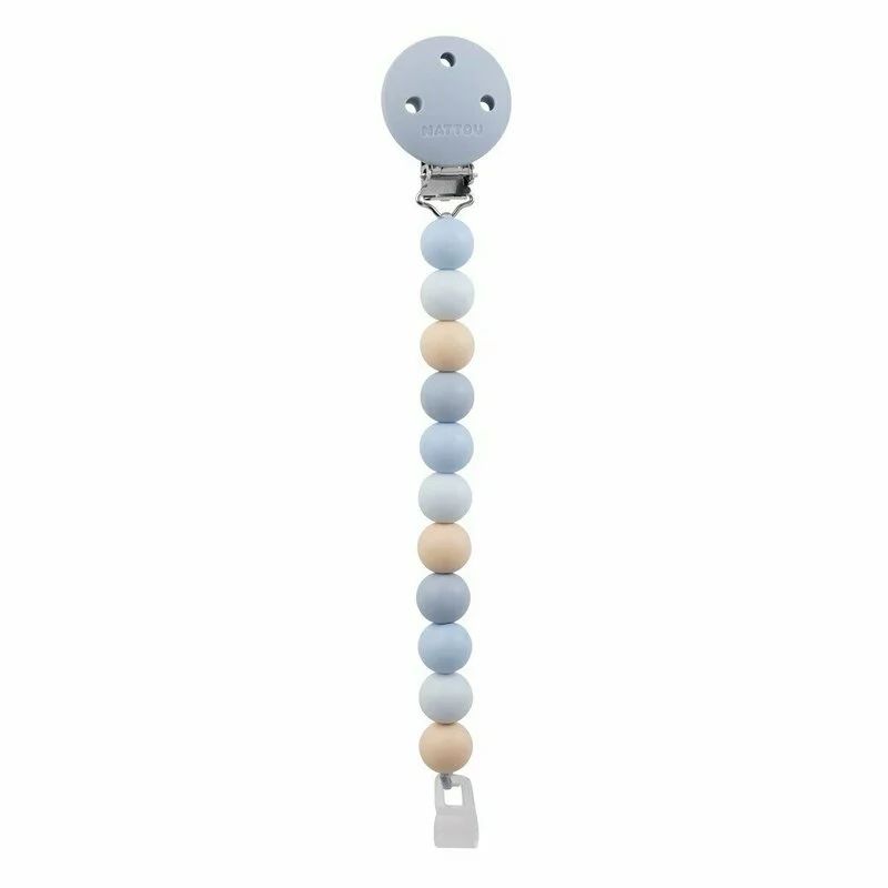 Clema pentru suzeta, Nattou, 100% silicon fara BPA, Cu sistem de prindere la suzeta, Cu margele, 30x7x18 cm, Neutru/Albastru