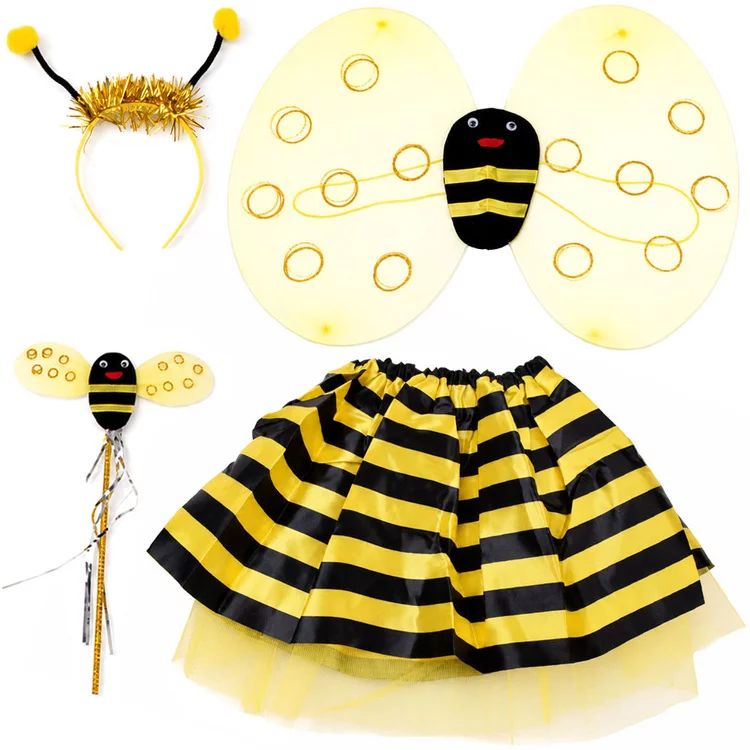 Costum albinuta pentru fete, cu aripi, fusta, bentita si bagheta