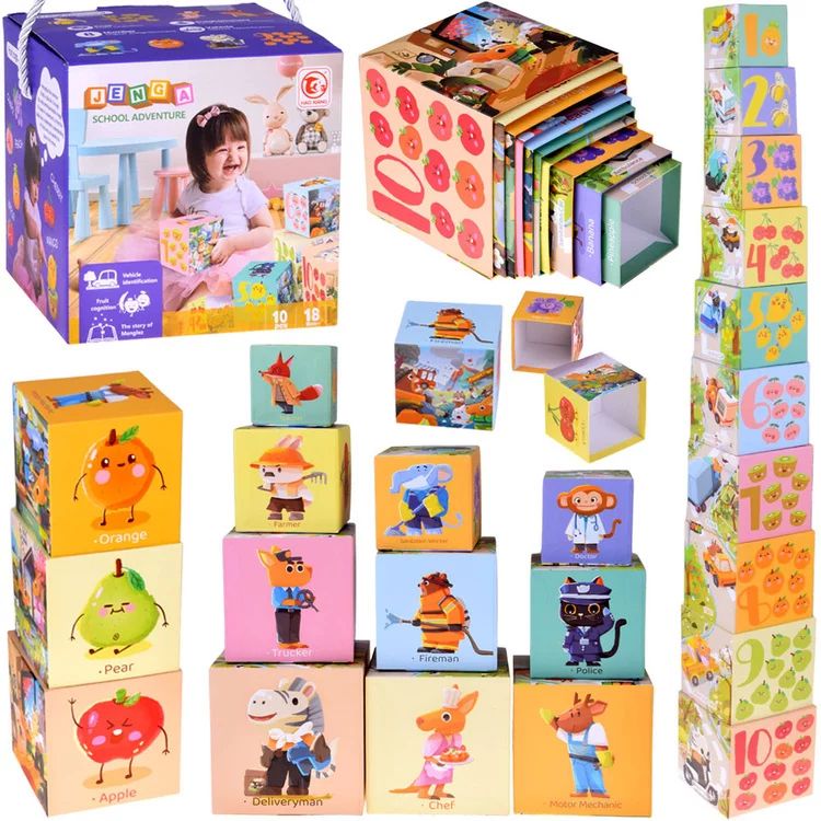 Cuburi educative cu multiple moduri de aranjare, 10 piese, 18 luni+