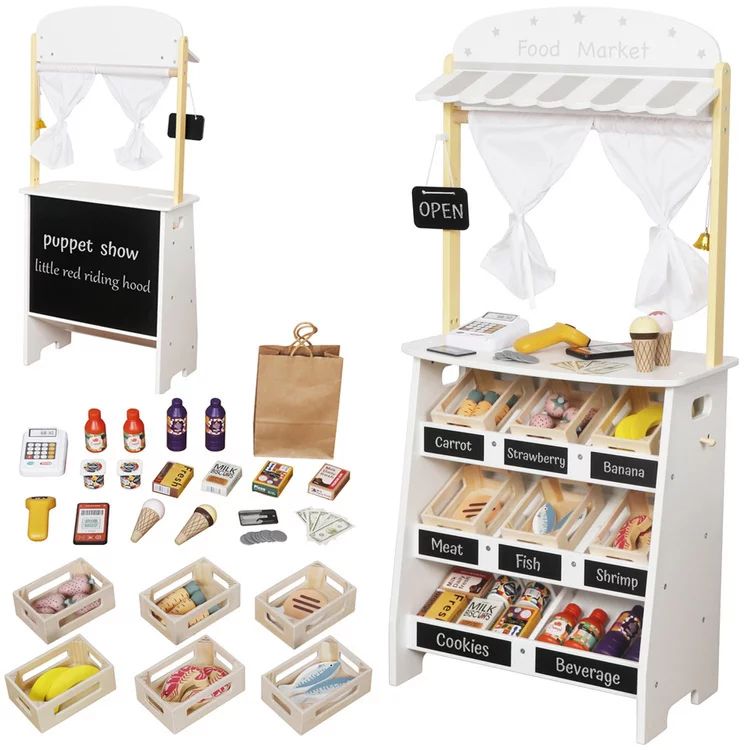 Jucarie de rol, Teatru si magazin, 2 in 1, Din lemn, Cu multiple accesorii, 3 ani+