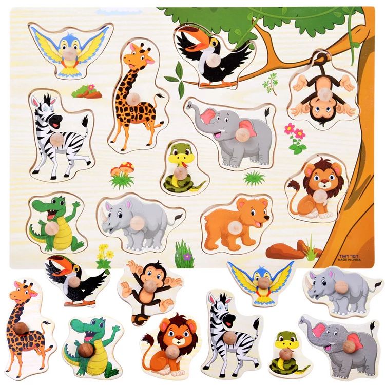 Puzzle din lemn cu animale din jungla, 11 piese cu manere
