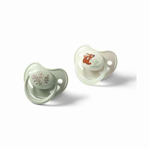 Set 2 suzete bebelusi, BabyOno, 6-18 luni, Anatomice, Maner fosforescent, Fara BPA, Scut ventilat Air Flow, Usor de sterilizat, Verde/ Bej