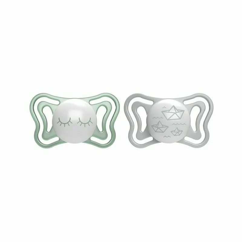 Set 2 suzete bebelusi, Chicco, Physio Light Glow, Ortodontice, Silicon moale, Extra ventilate, Fosforescente, Fara BPA, 16-36 luni, Verde/Gri