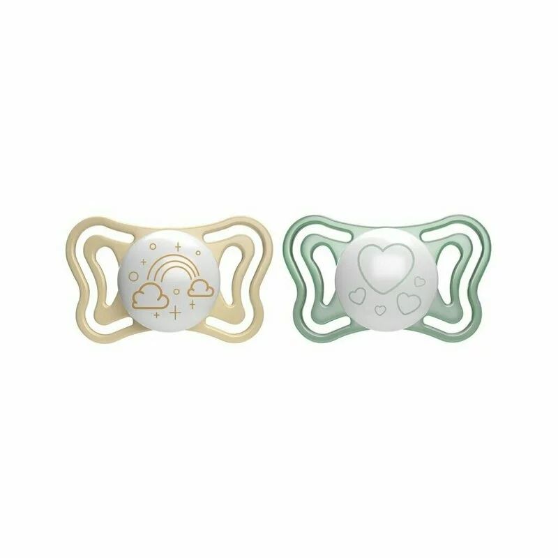 Set 2 suzete bebelusi, Chicco, Physio Light Glow, Ortodontice, Silicon moale, Extra ventilate, Fosforescente, Fara BPA, 2-6 luni, Galben/Verde
