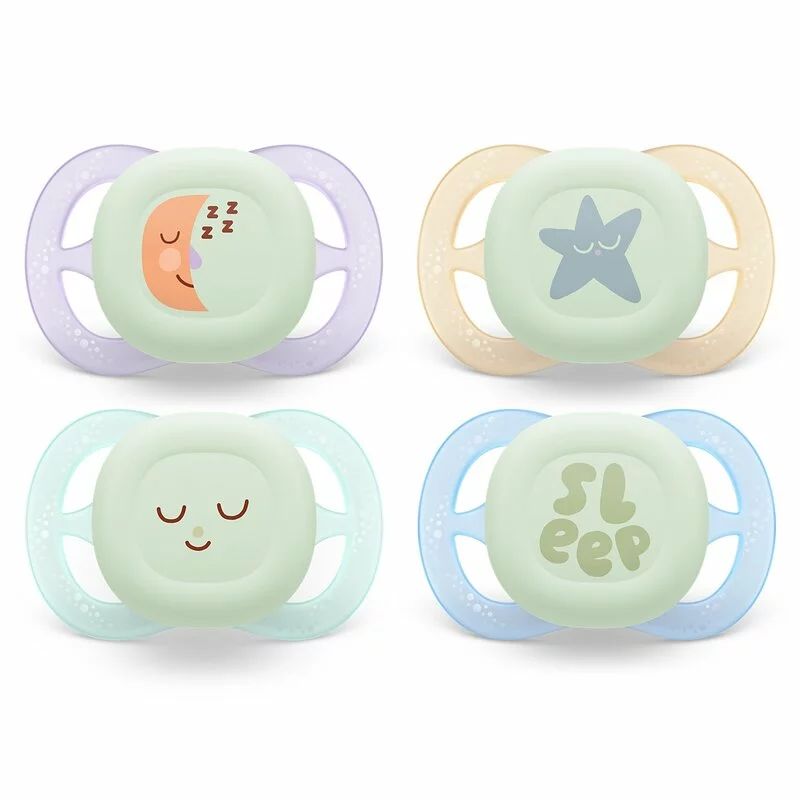 Set 2 suzete bebelusi, Philips Avent, Ultra Start Nighttime, Ortodontice, Silicon moale, Senzatie naturala, Fara BPA, 80% materiale de origine vegetala, 0-6 luni, Luna/Stele