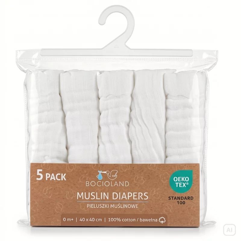 Set 5 scutece din muselina, Bocioland, 6 straturi, 40x40 cm, Alb