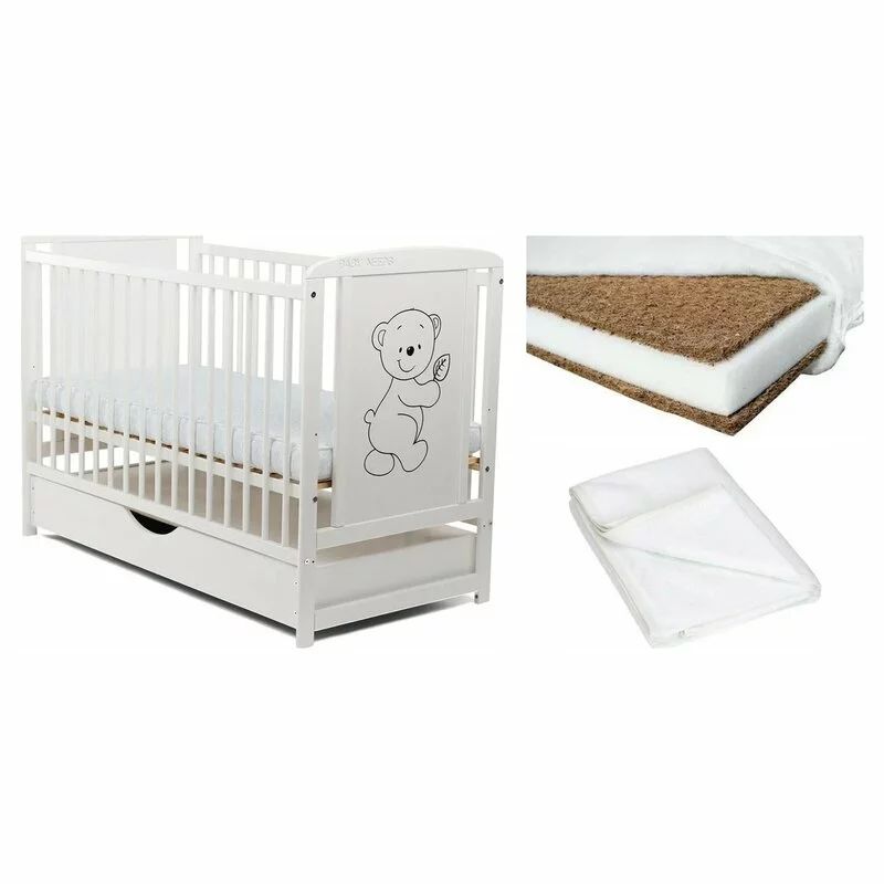 Set Patut din lemn bebe Babyneeds, Timmi cu sertar, 120x60 cm, Alb + Saltea patut bebe, Cocos Confort II, Cu fibre de cocos si strat de burete, 120x60x10 cm + Protectie impermeabila, Pentru patuturi 120x60 cm, Alb