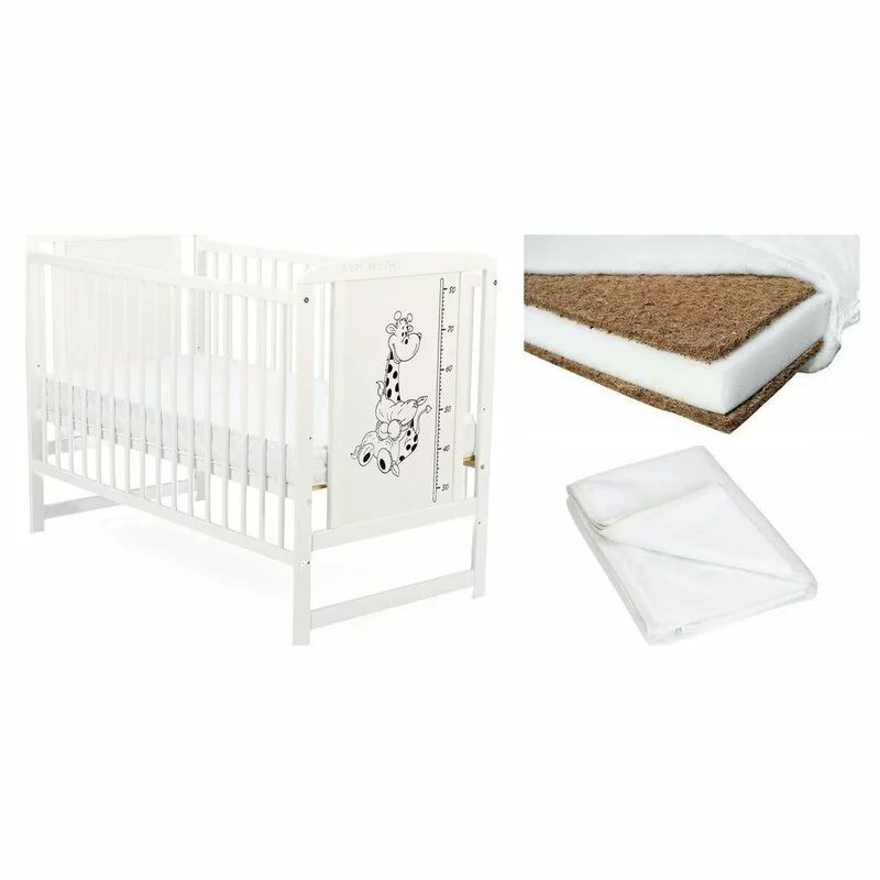 Set Patut din lemn bebe Babyneeds, Timmi Girafa, 120x60 cm, Alb + Saltea patut bebe, Cocos Confort II, Cu fibre de cocos si strat de burete, 120x60x10 cm + Protectie impermeabila, Pentru patuturi 120x60 cm, Alb