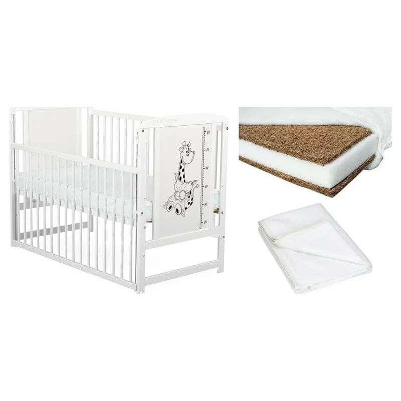 Set Patut din lemn bebe Babyneeds, Timmi Girafa cu laterala culisanta, 120x60 cm, Alb + Saltea patut bebe, Cocos Confort II, Cu fibre de cocos si strat de burete, 120x60x10 cm + Protectie impermeabila, Pentru patuturi 120x60 cm, Alb
