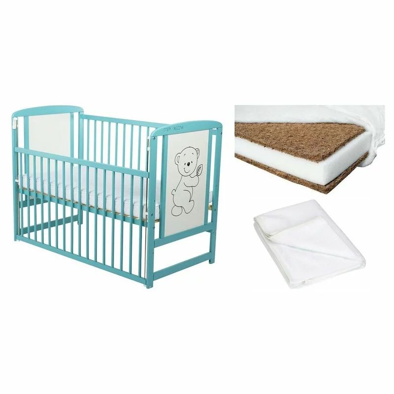 Set Patut din lemn bebe cu laterala culisanta, Saltea cocos si Protectie impermeabila