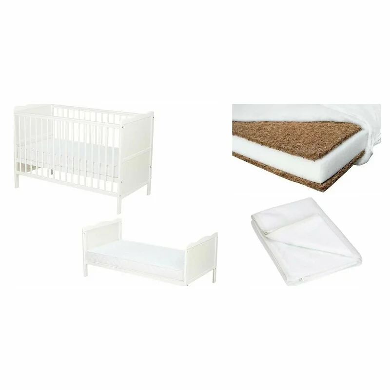 Set Patut din lemn bebe Qmini, Julia, 120x60 cm, Alb + Saltea patut bebe, Cocos Confort II, Cu husa detasabila, Antialergica, 120x60x10 cm + Protectie impermeabila, Pentru patuturi 120x60 cm, Alb