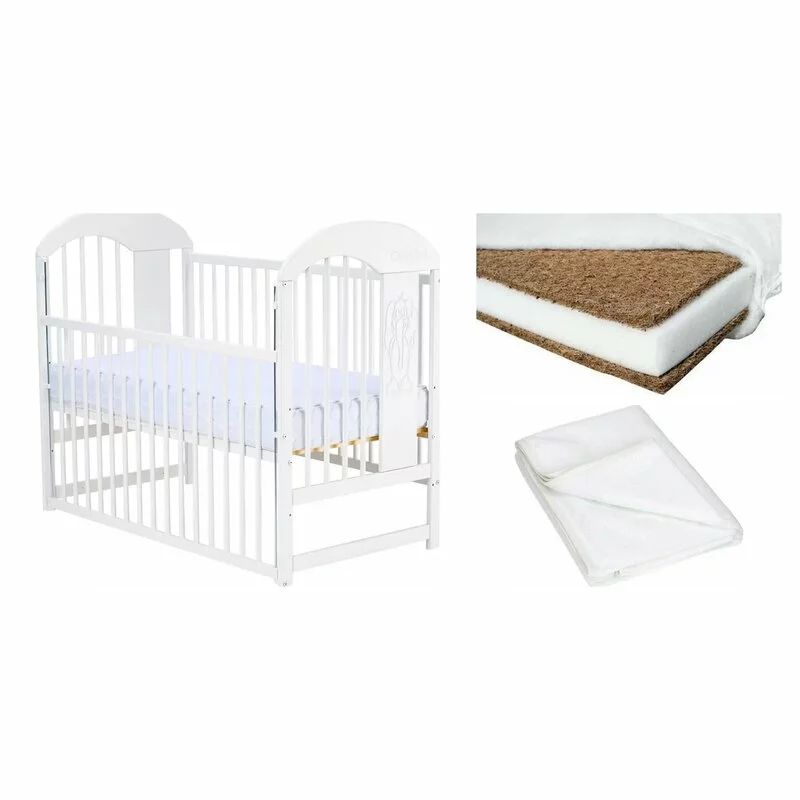 Set Patut din lemn bebe Qmini, Julia II cu laterala culisanta, 120x60 cm, Alb + Saltea patut bebe, Cocos Confort II, Cu fibre de cocos si strat de burete, 120x60x10 cm + Protectie impermeabila, Pentru patuturi 120x60 cm, Alb