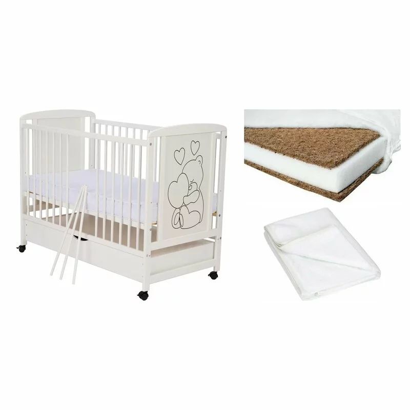 Set Patut din lemn bebe Qmini, Timmi Heart cu sertar, 120x60 cm, Alb + Saltea patut bebe, Cocos Confort II, Cu fibre de cocos si strat de burete, 120x60x10 cm + Protectie impermeabila, Pentru patuturi 120x60 cm, Alb
