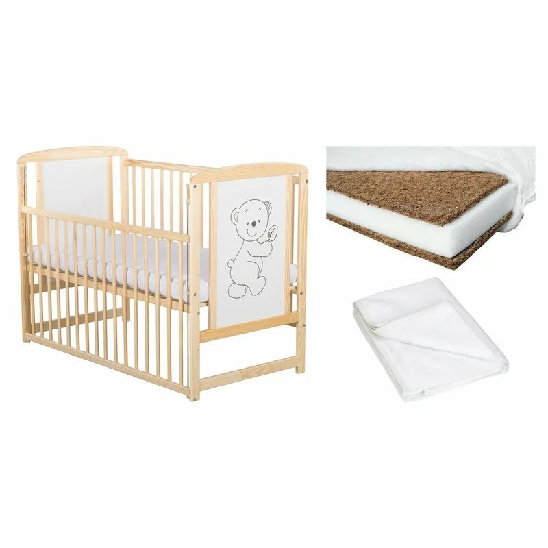 Set Patut din Lemn Timmi 120x60 cm + Saltea Cocos Confort II + Protectie Impermeabila Qmini