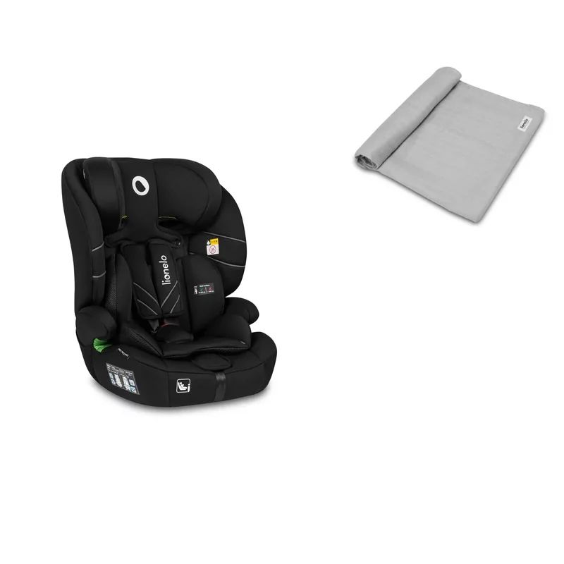 Set Scaun auto, Lionelo, Levi One i-Size, Universal, Instalare FWF, Cu tetiera reglabila in 10 pozitii, Cu spatar detasabil, 76-150 cm, Conform cu R129, Negru + Muselina, Multifunctionala, Din bambus, 120x120 cm, Gri