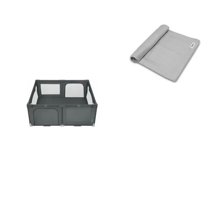 Set Tarc de joaca copii, Lionelo, Florence Easy Fold, 150 x 180 x 75 cm, Pliere, depliere automata, Din plasa, Cu doua intrari laterale, 0-48 luni, Conform cu EN12227, Gri + Muselina, Multifunctionala, Din bambus, 120x120 cm, Gri
