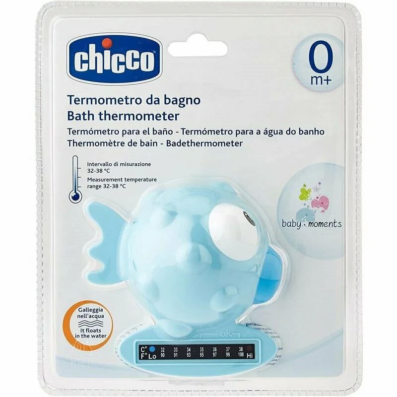 Termometru de baie pestisor, Chicco, Cu banda termosensibila, Plutitor, Interval masurare 32-40 grade Celsius, Utilizabil si ca jucarie de baie, 0 luni+, Albastru