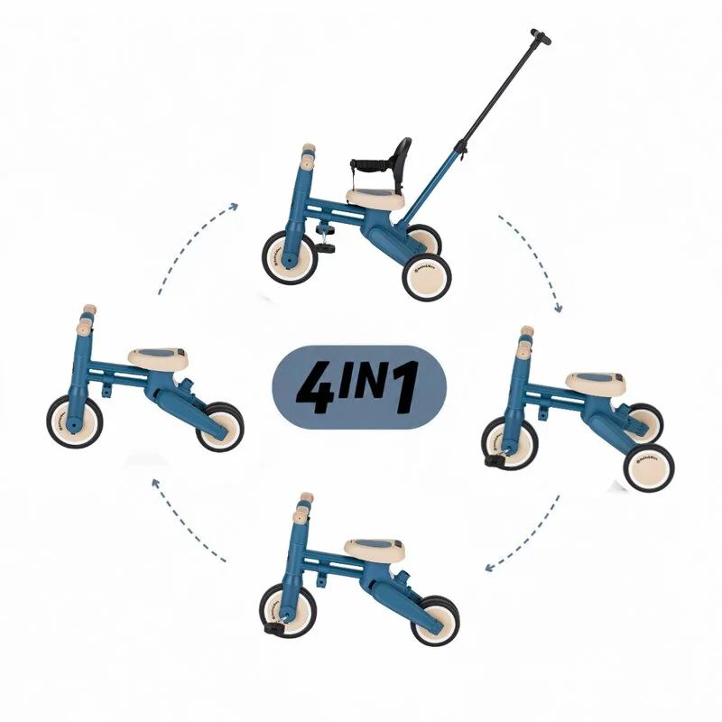 Tricicleta multifunctionala, Petite&Mars, Drift, 4 in 1, Vehicul de impins, Bicicleta, Cu maner detasabil si reglabil, Sezut ergonomic, Roti din cauciuc, Pana la 25 kg, 1.5-5 ani, Ocean Blue