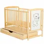 Patut din lemn bebe, 120x60 cm, Cu sertar cu capac, Din lemn de pin si mdf, Stabil si rezistent, Inaltime saltea reglabila pe 3 nivele, Laterala cu 3 bete detasabile, EN716-1, EN716-2, Natur, Babyneeds, Timmi + Saltea 10 cm - 4
