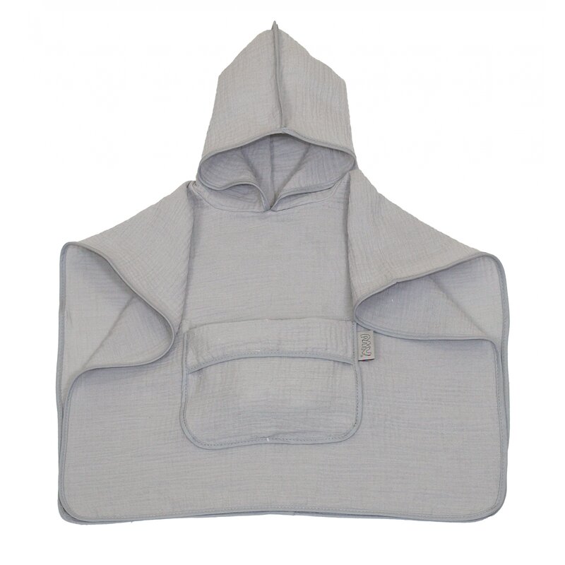 Amy - prosop din bumbac muselina cu gluga si buzunar pentru bebelusi si copii, poncho, gri, 60x65 cm