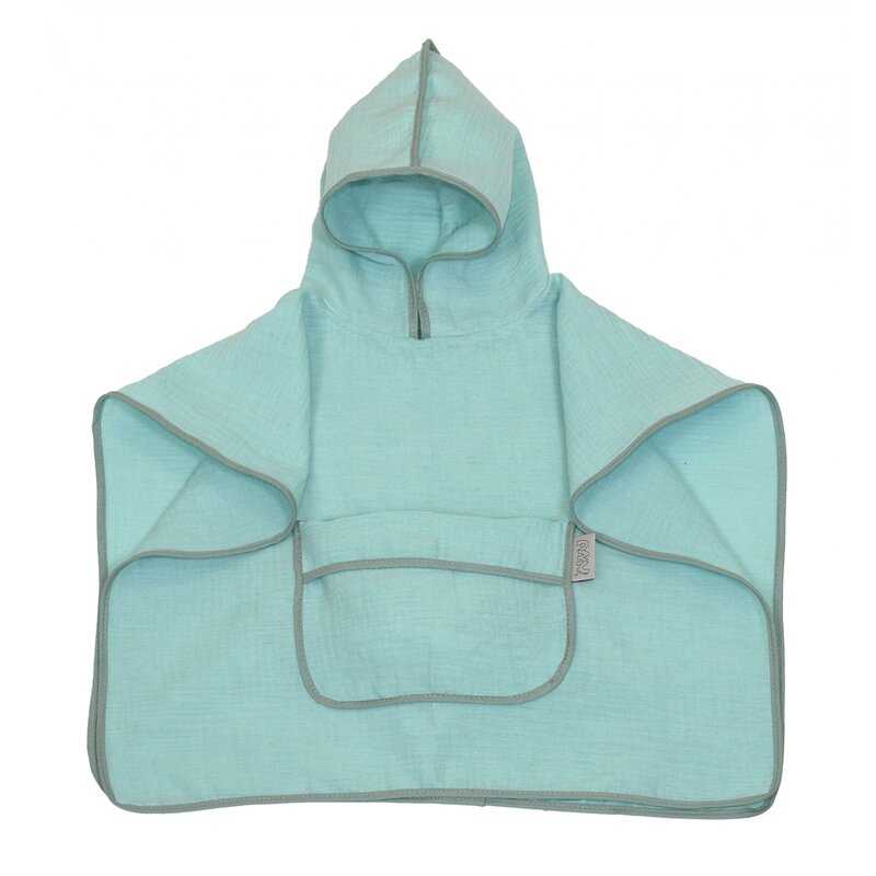 Prosop din bumbac muselina cu gluga si buzunar pentru bebelusi si copii, poncho, mint, 60x65 cm