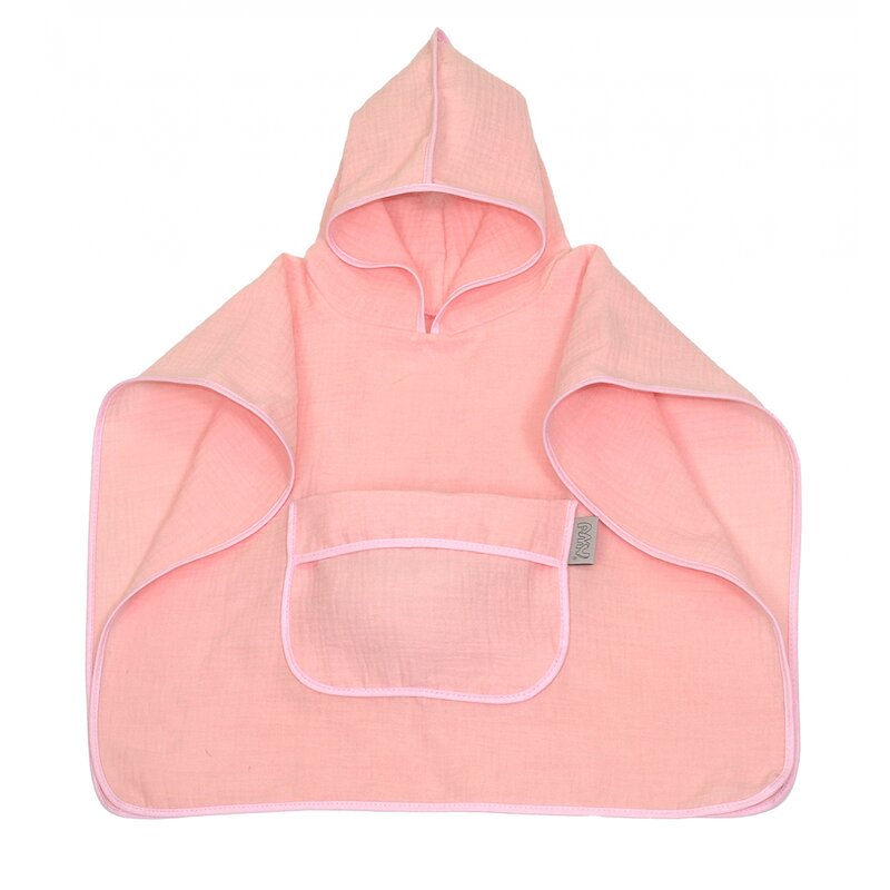 Amy - prosop din bumbac muselina cu gluga si buzunar pentru bebelusi si copii, poncho, rose, 60x65 cm