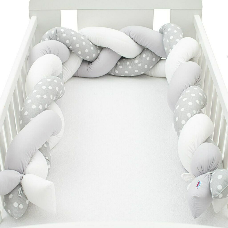 Protectie laterala pentru patut, tip bumper impletit, din bumbac, din materiale certificate oeko tex standard 100, new baby, lungime 225 cm, grey/white