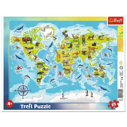 Trefl - Puzzle tip rama Harta lumii cu animale , Puzzle Copii , Plansa, piese 25