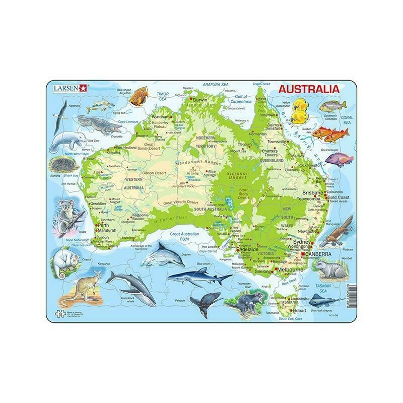 Larsen - Puzzle maxi Harta Australiei cu animale, orientare tip vedere, 65 de piese,