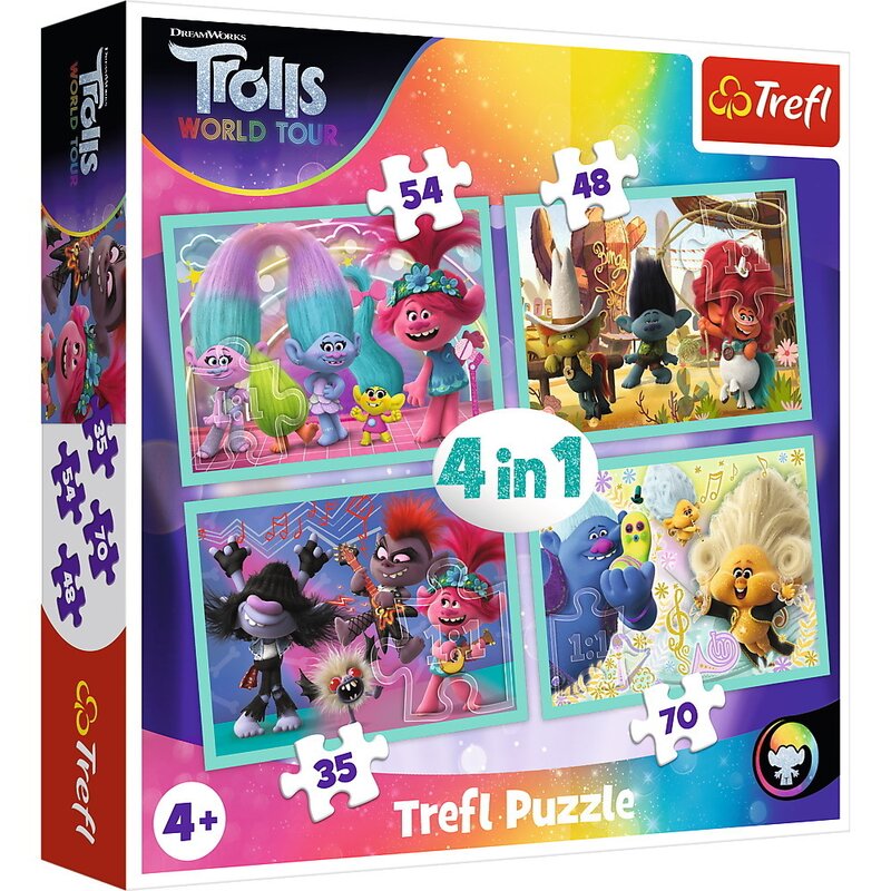 Trefl - puzzle personaje troli in concert , puzzle copii , 4 in 1, piese 207, multicolor